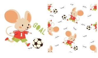 A set of prints for printing on children's products. Seamless pattern on white background on sports theme. Cute mouse playing soccer. Prints in children's style vector