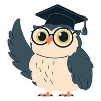 Flat illustration in children's style on the theme of learning and school. Cute owl in graduation cap points something with wing vector