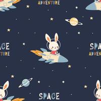 Seamless space-themed pattern. Cute bunny flying on a spaceship, space, stars and planets vector