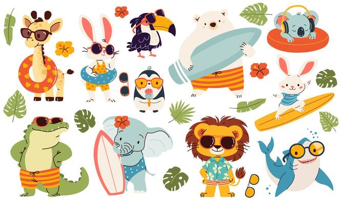 Set of illustrations in children's style on summer theme. Cute animals in sunglasses and surfboard. Lion polar bear penguin penguin shark toucan crocodile hare giraffe