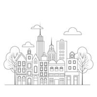 Outline Illustration in a simple, minimal geometric style - a cityscape with buildings and trees, presented as a horizontal banner. vector