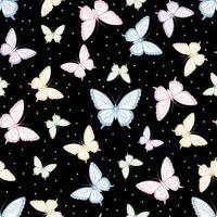 Seamless pattern with delicate butterflies on a black background. vector