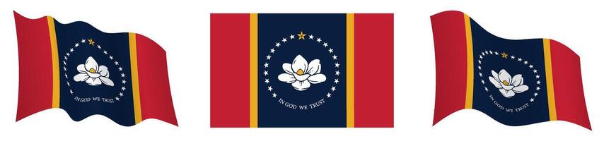 flag of american state of Mississippi in static position and in motion, fluttering in wind in exact colors and sizes, on white background vector