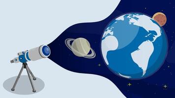 Telescope is watching Satellites on orbit around planet in space. Exoplanet and deep space exploration. Cartoon vector