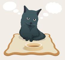 sad pensive cat sits on rug near empty bowl and dreams of food. Bubbles, clouds for text fly near head of gray cat. Cartoon vector