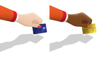 Female hand holds plastic bank credit card. Paying for purchases in store with bank card. Realistic on white background vector