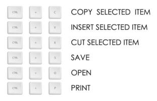 List of basic keyboard shortcuts. Keyboard shortcuts for quickly executing command in operating system. Isolated on white background vector
