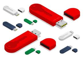 Isometric USB flash drive with key to important digital data. Reliable protection of information from hacking. Electronic digital signature. Realistic 3d isolated on white background vector