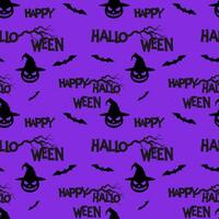 Purple pattern with Happy Halloween lettering and bats and pumpkins on background of gnarled old tree branches. vector