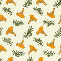 Moss and chanterelle mushrooms pattern on light green background. vector
