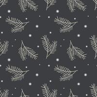 Dark pattern with pine spruce branches and snow, winter background, night snowy sky. vector