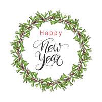 Happy New Year text lettering in round wreath of doodle branches with red berries, hand drawn, isolated on white background. vector
