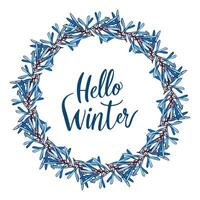 Hello Winter text lettering in round wreath of doodle branches of blue color with red berries, hand drawn, isolated on white background. vector