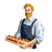 A smiling farm worker with a box of apples png