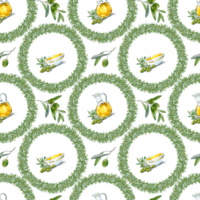 Hand drawn Jointless Tiles with olives, vignettes and olive oil Jug and Mug. Design for Wrapping paper or Textile png