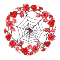 watercolor halloween picture of isolated vignette of roses with branches and spider in the web on the white background png