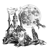 hand-drawn Halloween scene in black and white graphics png