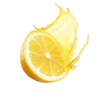 Sliced lemon with splashes of juice flying around transparent png