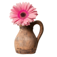 A rustic jug with a pink flower on display transparent png