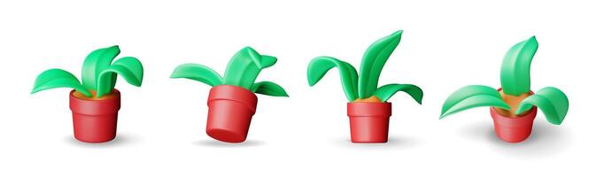 3D set of plant leaves in pot isolated. Render collection of simple green plant. vector