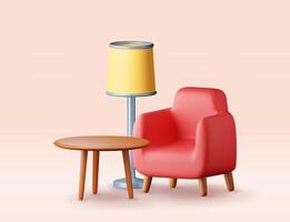 3D armchair with lamp and table isolated. Render interior of modern design. vector