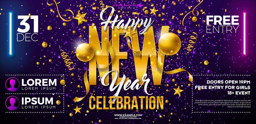 Happy New Year 2025 Party Celebration Banner Template Illustration with Golden Typography Lettering and Christmas Ball on Dark Violet Background. New Year Eve Holiday Flyer Design. Premium