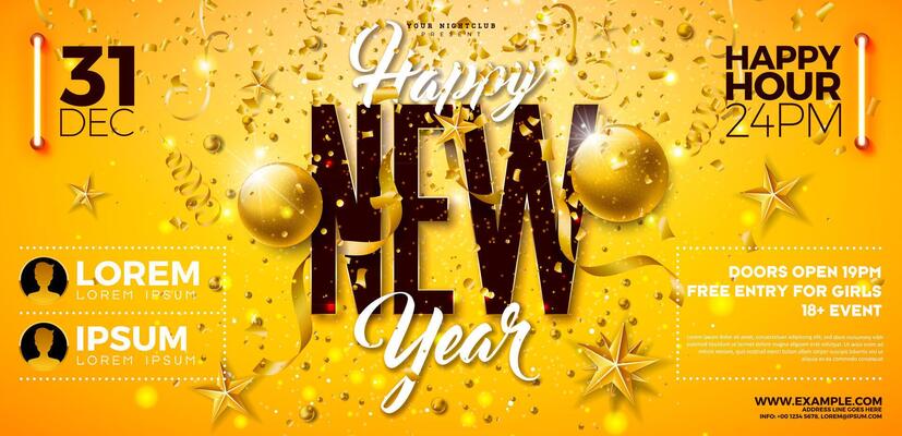 Happy New Year 2025 Party Celebration Banner Template Illustration with Typography Lettering and Golden Christmas Ball on Yellow Background. New Year Eve Holiday Flyer Design. Premium