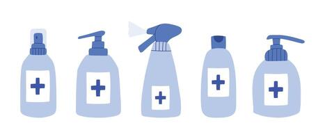 Set of bottles with antiseptic, gel, soap or sanitizer. Collection of antiseptic bottles. illustration. Flat style. vector