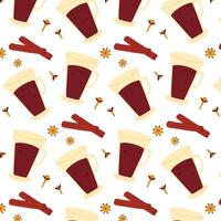 Seamless pattern with mulled wine in hand drawn style. Pattern with red wine grog with spices. Print with hot mulled wine. illustration. vector
