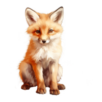 A red fox cub sitting with its paws tucked in, looking directly at the viewer. png