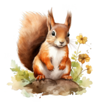 A Watercolor Illustration of a Red Squirrel Sitting on a Rock with Yellow Flowers png