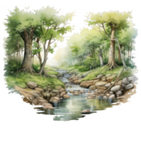 A Stream Flowing Through a Lush Forest With Sunlight Filtering Through the Canopy png