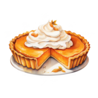 A slice missing from a pumpkin pie topped with whipped cream png