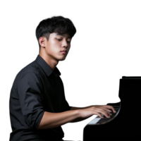 Young man playing a grand piano, focused on keys, side view on a transparent background png
