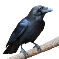 Detailed photo of a black crow perched on a wooden branch against a transparent background png