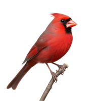 Bright red cardinal bird perched on a branch, isolated on a transparent background png