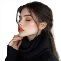 Profile view of a young woman with dark hair in a black turtleneck sweater, isolated on a transparent background png