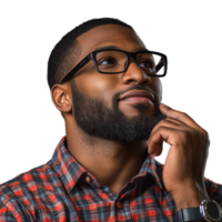 Portrait of a thoughtful man wearing glasses with a beard on a transparent background png