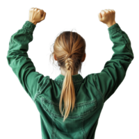Woman with a ponytail celebrating with raised fists from behind on a transparent background png