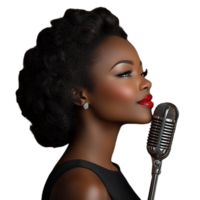 Woman singing into a retro microphone with a glamorous look on a transparent background png