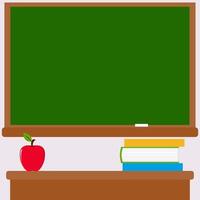 School background with blank green board and a teachers desk with books and an apple in the classroom. Chalk on a blackboard and notebooks. vector