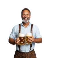 A smiling man holding two beer mugs with a traditional outfit on a transparent background png