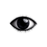 Black and white human eye with a dark iris and long eyelashes on a transparent background png