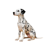 Sitting Dalmatian dog with black spots looking to the side on a transparent background png