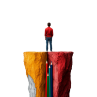 Man standing on the edge of a red cliff looking down at pencils on a transparent background png