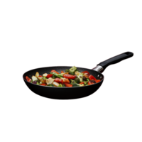 Frying pan with vegetables being stirfried on a transparent background png