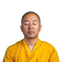 Portrait of a monk in a yellow robe meditating with closed eyes on a transparent background png