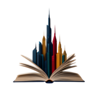 Open book with colorful skyscrapers emerging from its pages on a transparent background png