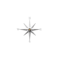 Metallic silver compass with sharp arrow points on a transparent background png