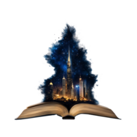 Open book with a tall city skyline and dark blue trees emerging from its pages on a transparent background png